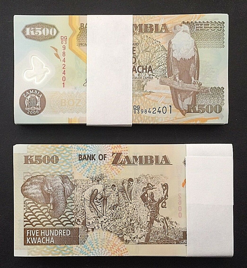 FULL PACK of 100 CONSECUTIVE 500 KWACHA PICK # 43e ZAMBIA POLYMER NOTES of 2006