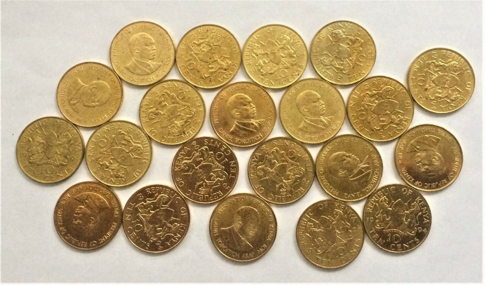 WHOLESALE - 100 KENYA 10 CENTS COINS of 1994 with PRESIDENTIAL PORTRAIT KM # 18a