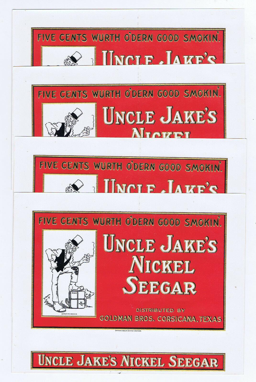 WHOLESALE 8 UNCLE JAKE'S NICKEL SEEGAR EMBOSSED 1925 INNER BOX LABEL JUDAICA