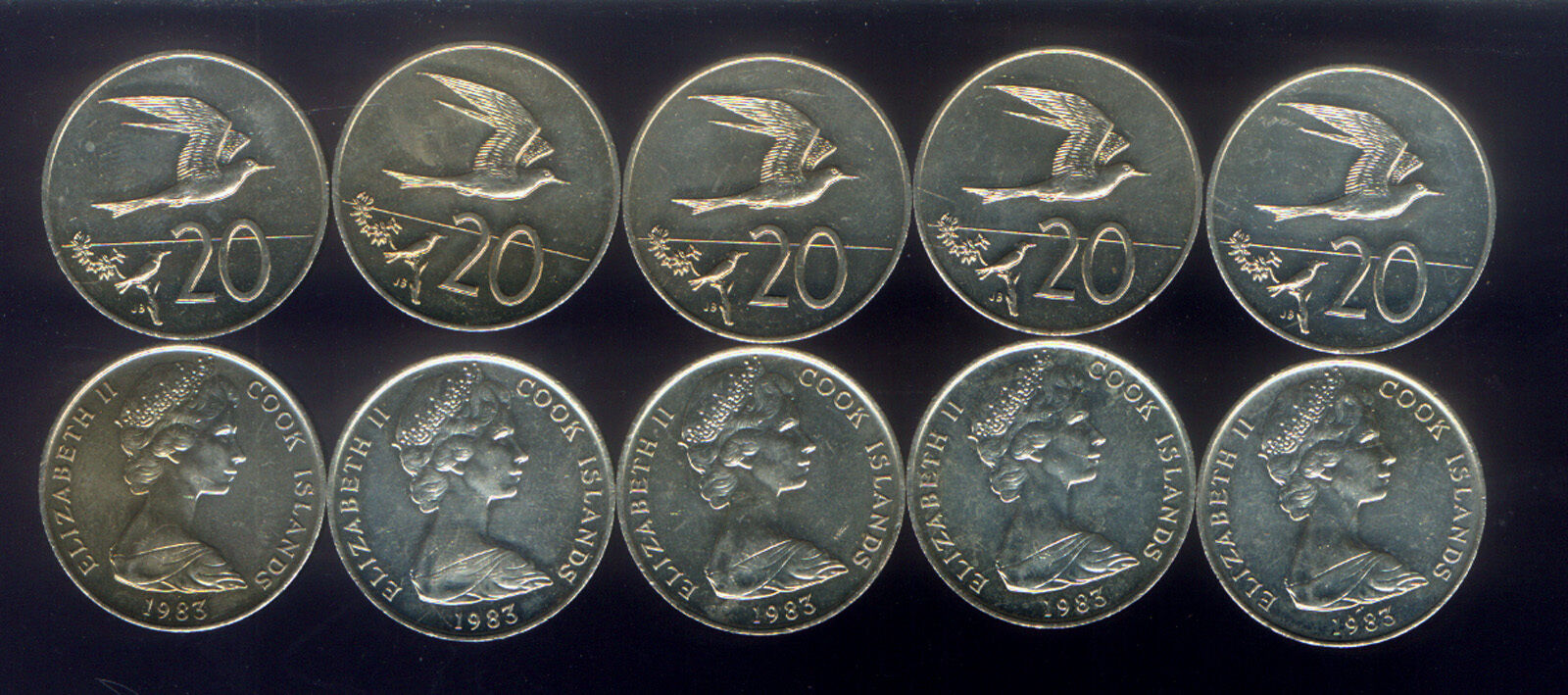 WHOLESALE 10 TERN BIRD in FLIGHT & QEII COINS ( 20¢ ) of 1983 COOK ISLANDS KM# 5