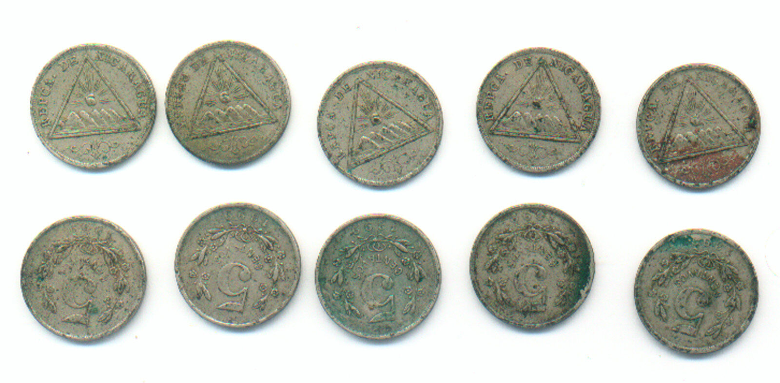 WHOLESALE NICARAGUA KM # 9 of 1899 TEN ( 10 ) CIRC COINS with TRIANGLE EMBLEM