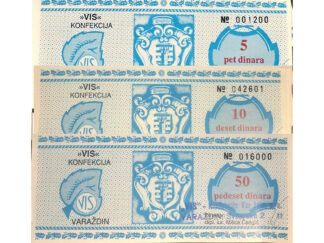 Croatia - Store Coupon set of 3 (Verazdin Silk Company) UNC with serial numbers for 5, 10 & 50 Dinara